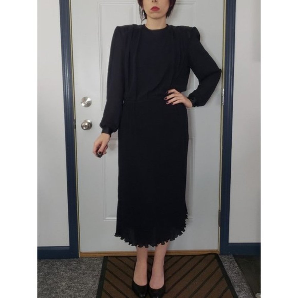 Vintage 80s Black‎ Midi Dress with Pleated Skirt